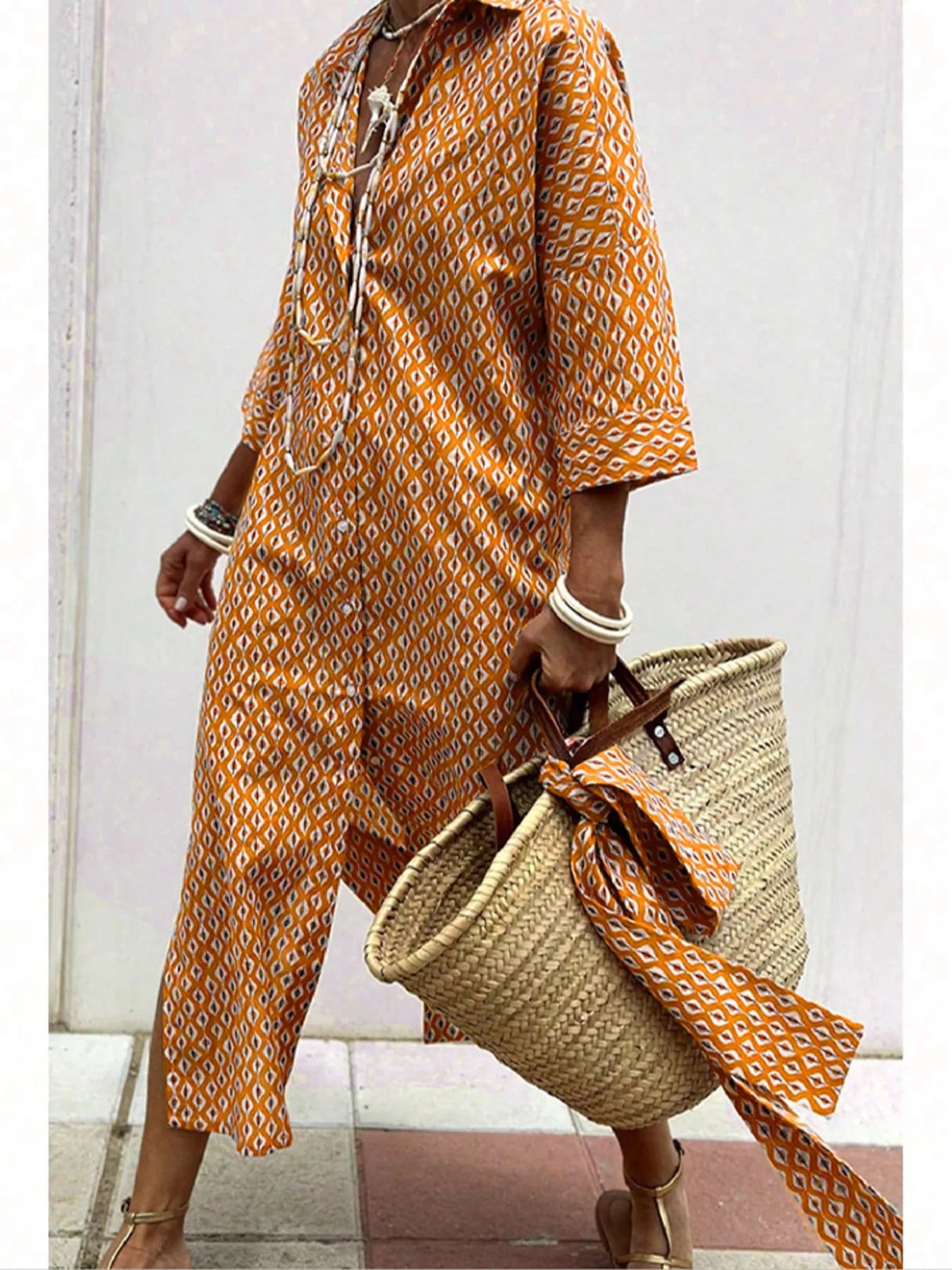 Full Size Printed Button-Down Midi Dress Plus Size Orange