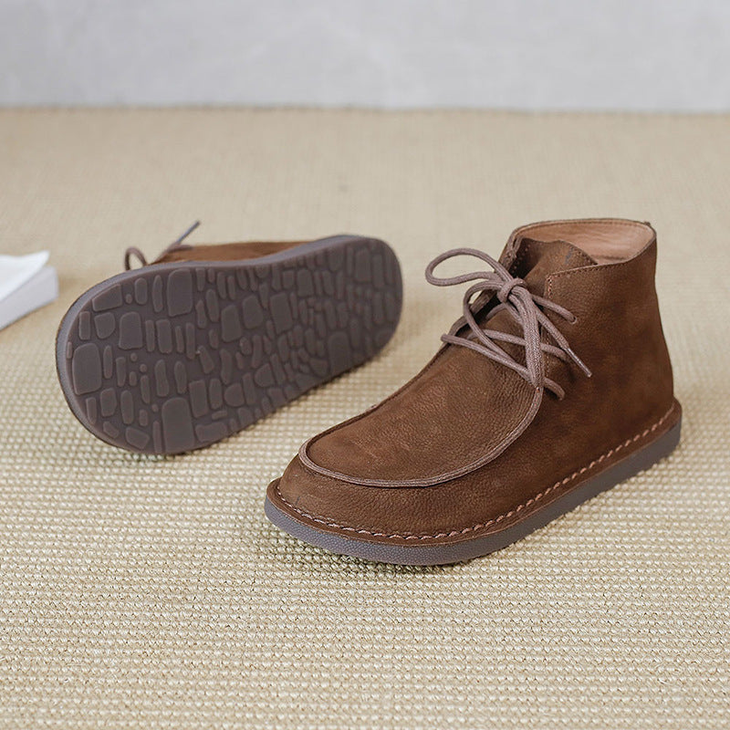 Genuine Leather Soft Flat Boots For Women Round Toe Lace Up Mori Girl Style Wide Fit Grey/Coffee
