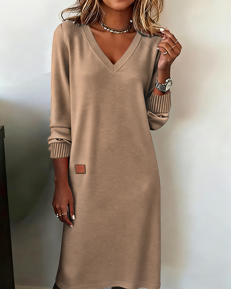 V-Neck Long Sleeve Ribbed Cuff Sweater Dress