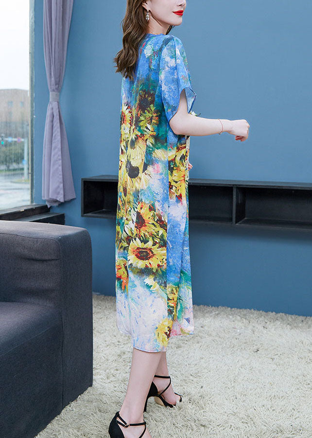 Sunflower Art Print Round Neck Short Sleeve Midi Shift Dress