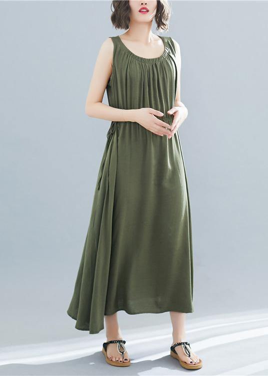 Round Neck Sleeveless Gathered Waist Pocket A-Line Summer Maxi Dress