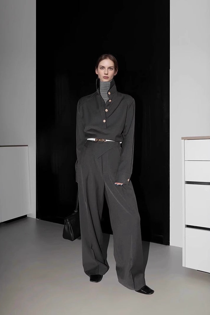 Collared Long Sleeve Shirt and Pleated Wide Leg Pants Two Piece Set 3
