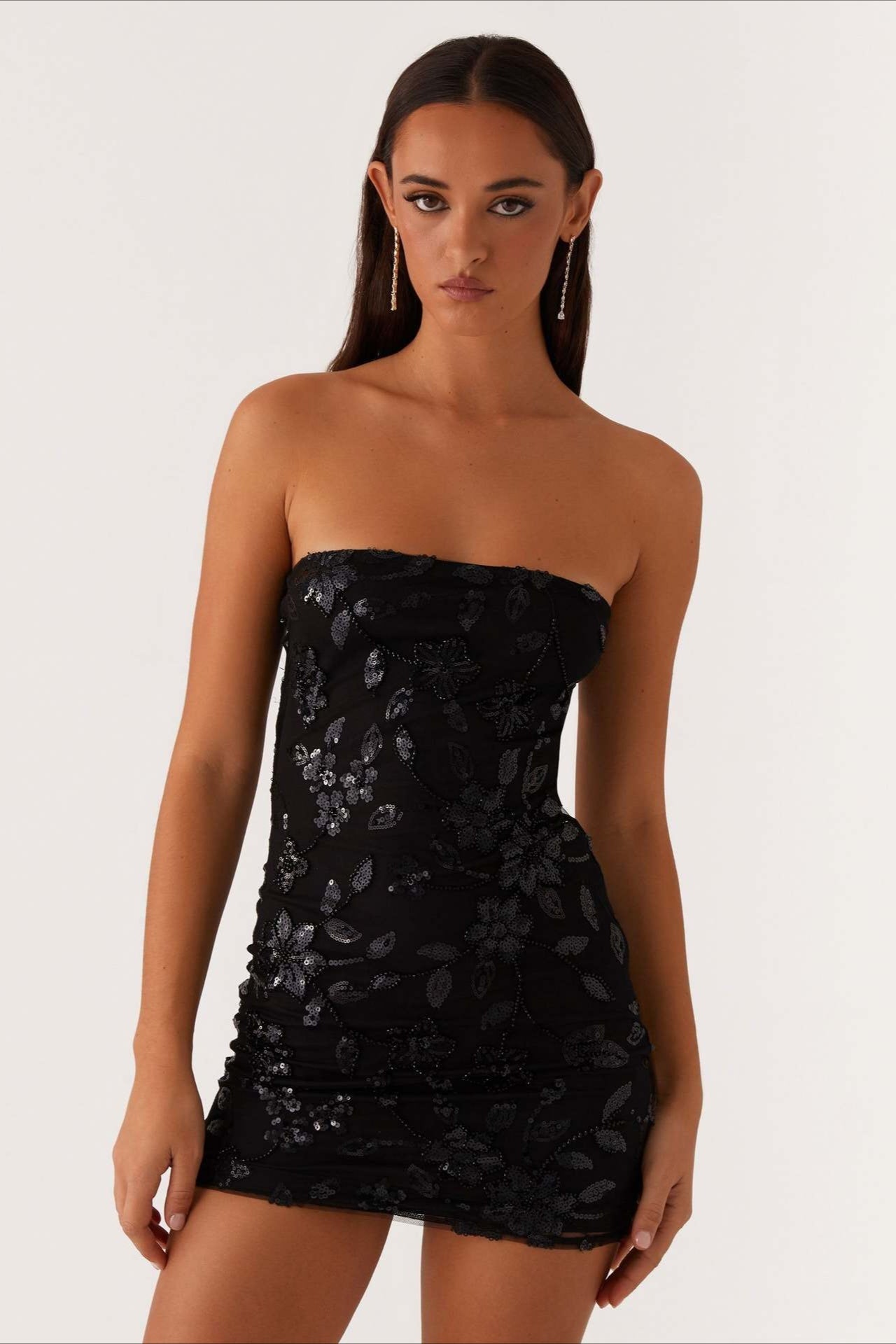 Floral Sequin Strapless Ruched Bodycon Mini Dress