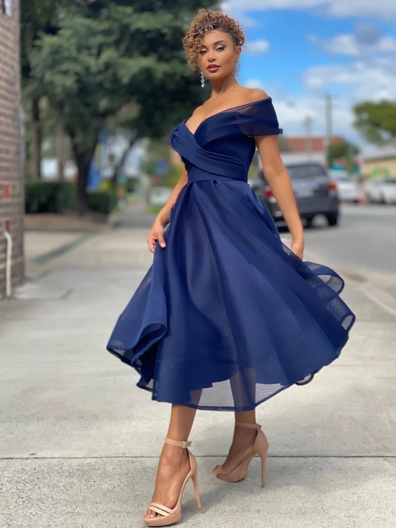 Off Shoulder Organza Fit and Flare Tea Length Dress