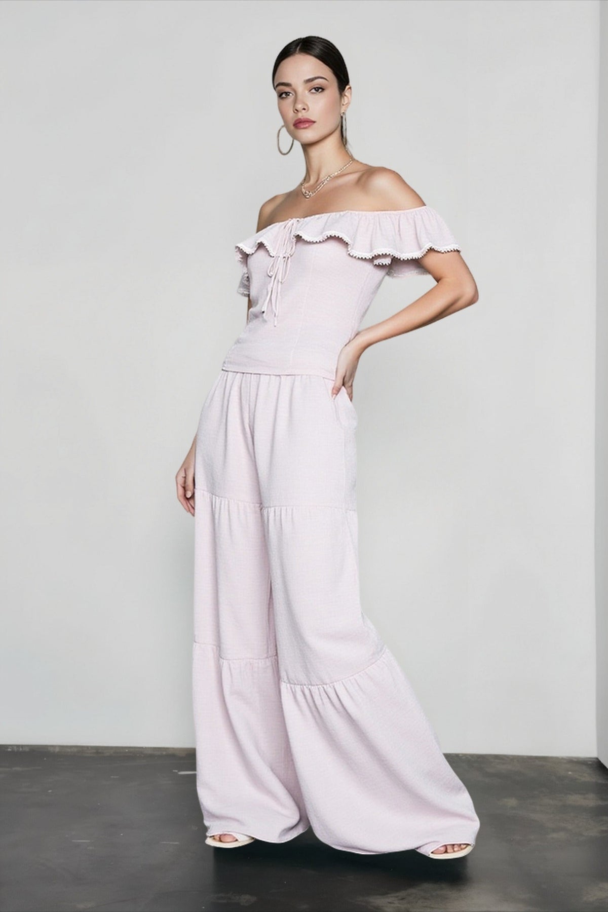 Ruffle Off Shoulder Lace Up Top and Tiered Wide Leg Pants Two Piece Set