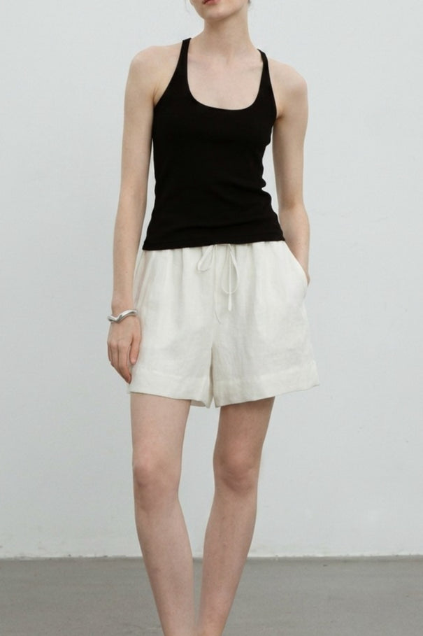 Drawstring Waist Cuffed Hem Relaxed Fit Linen Look Shorts