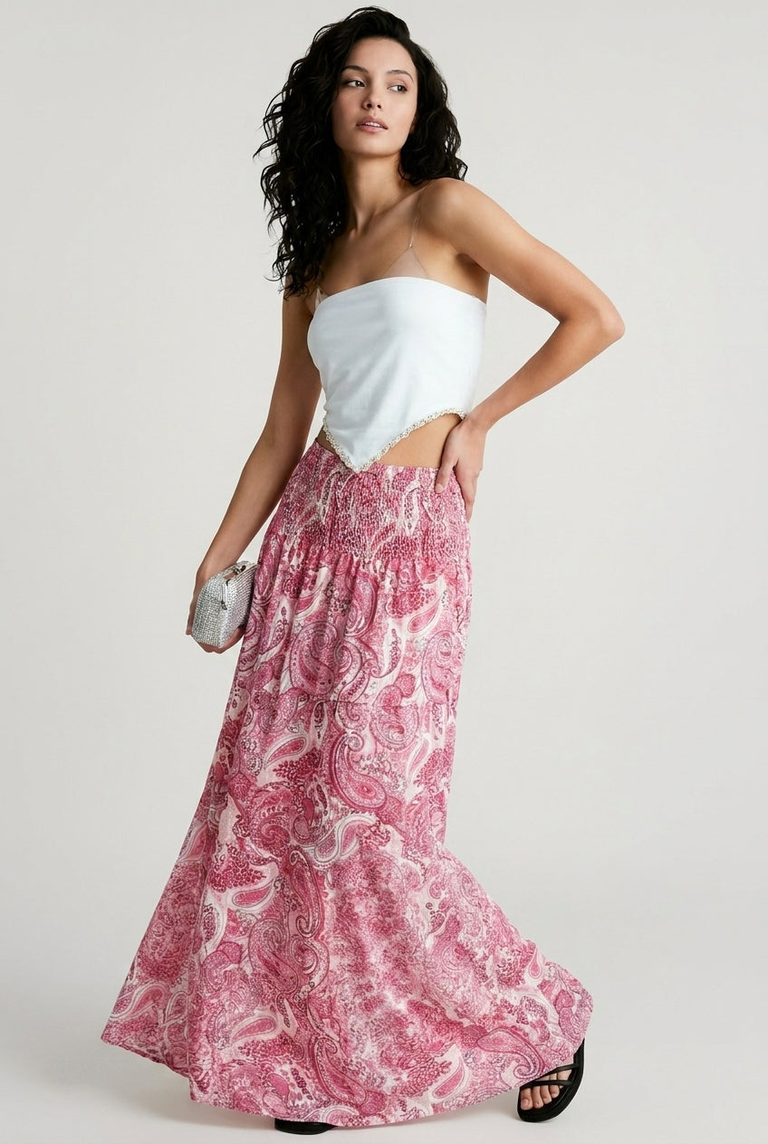 Paisley Print Smocked Waist Flowy Maxi Skirt 2