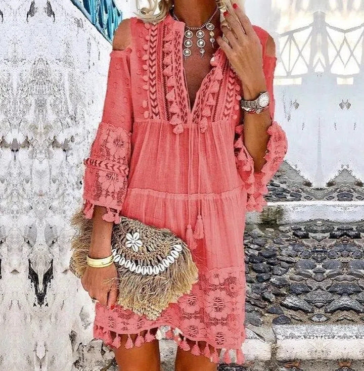 Deep V-Neck Tassel Trim Lace Insert Bell Sleeve Tiered Drawstring Dress