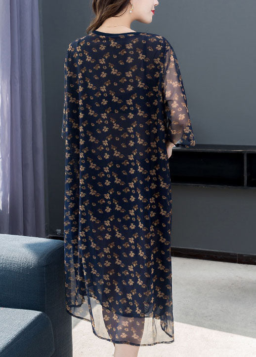 Floral Print Chiffon Round Neck Elbow Sleeve Sheer Overlay Tiered Relaxed Midi Dress