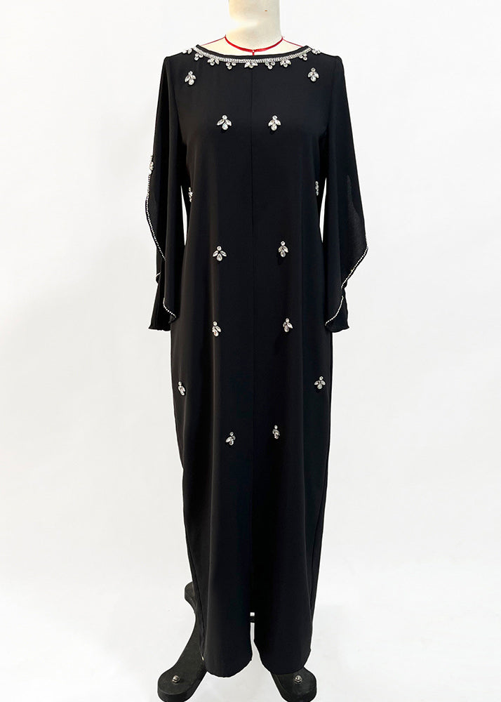 Beaded Trim Round Neck Butterfly Sleeve Kaftan Maxi Gown