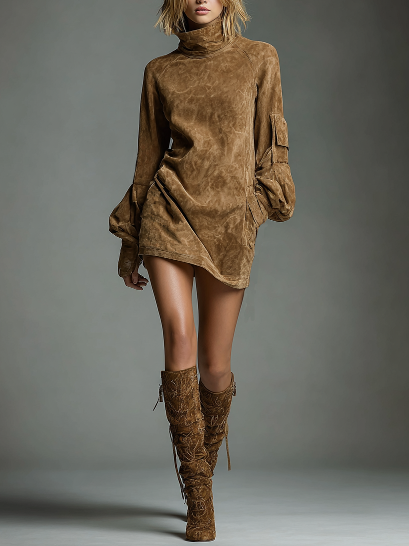Faux Suede High Neck Long Sleeve Mini Dress 7