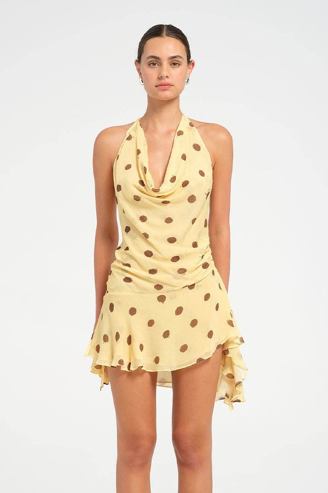Polka Dot Chiffon Halter Deep V-Neck Ruffle Hem Mini Dress