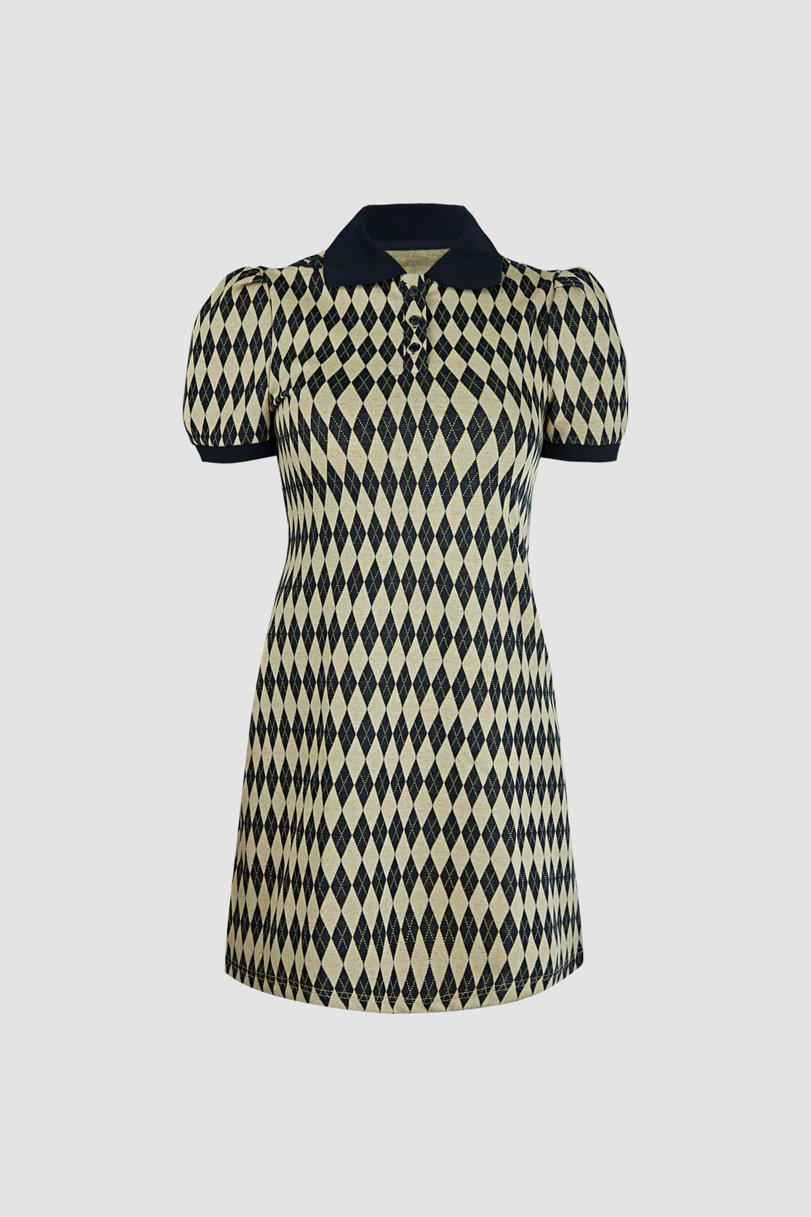 Argyle Knit Polo Collar Puff Sleeve Contrast Trim Mini Dress