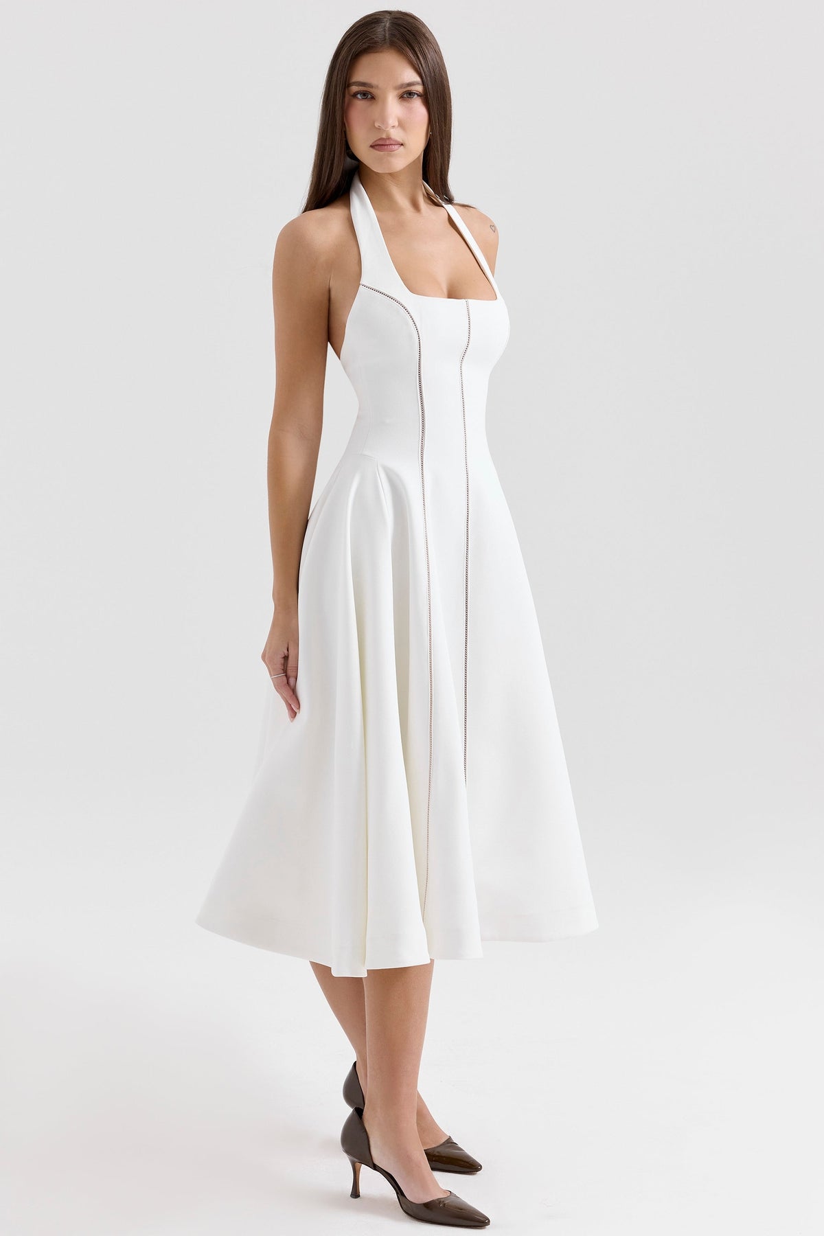 Square Neck Halter Contrast Seam Fit and Flare Midi Dress 5