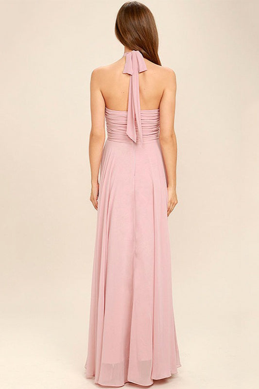 Halter Neck Ruched Chiffon Maxi Gown