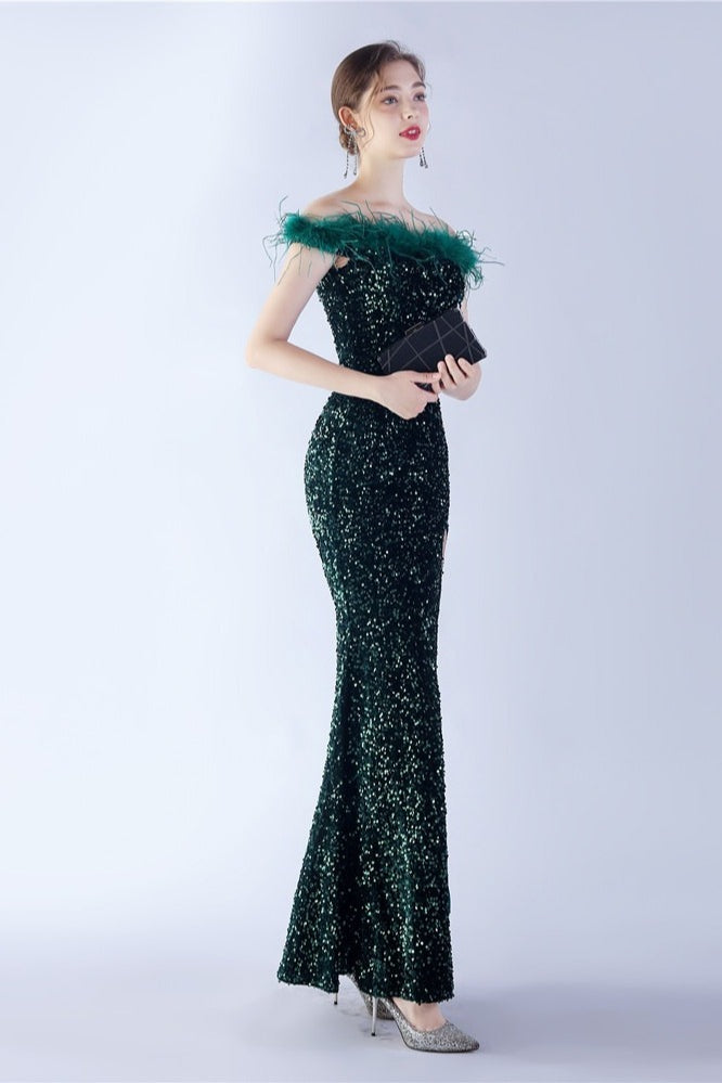Sequin Off Shoulder Feather Trim High Split Mermaid Gown