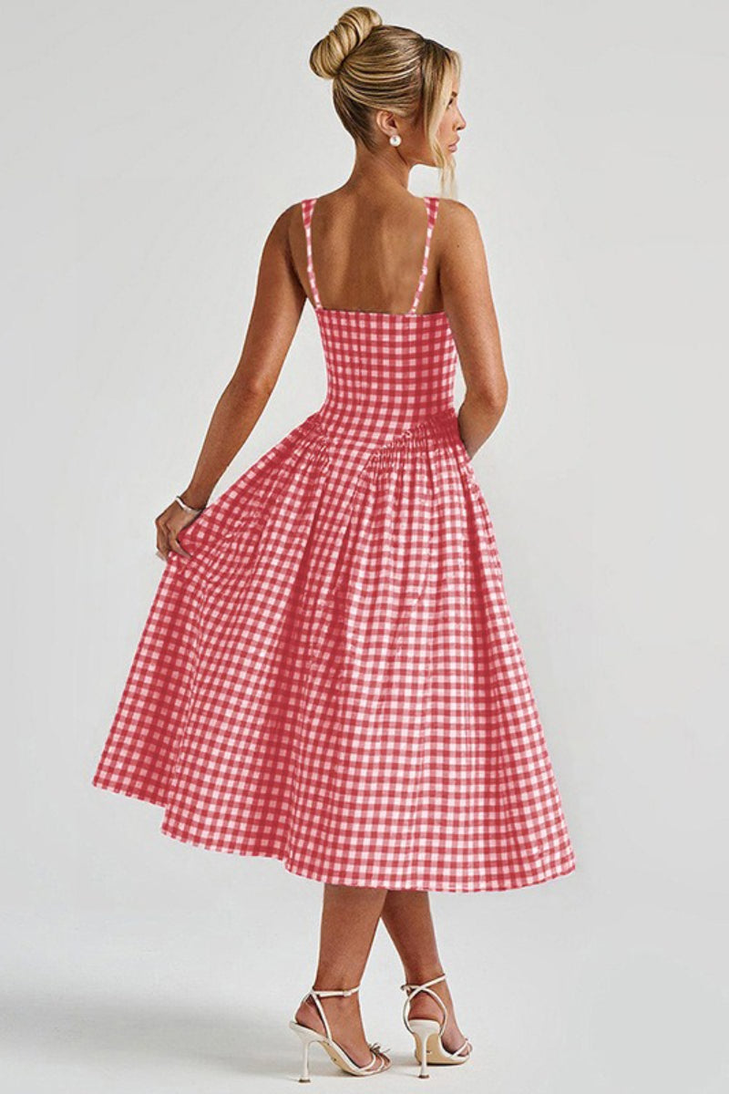 Plaid Square Neck Sleeveless Fit and Flare Midi Dress