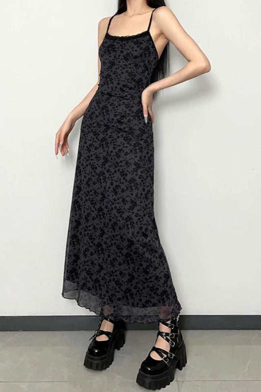 Mesh Floral Print Lace Trim Spaghetti Strap Ankle Length Maxi Dress