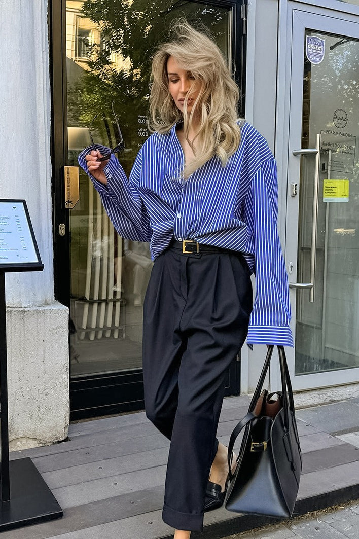 Striped Band Collar Long Sleeve Oversized Button Front Shirt 5