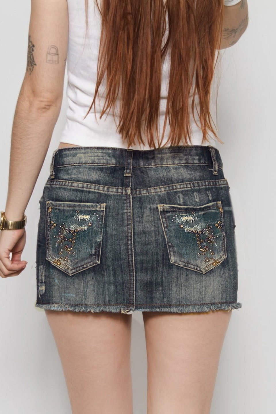 Vintage Washed Distressed Pleated Denim Mini Skort