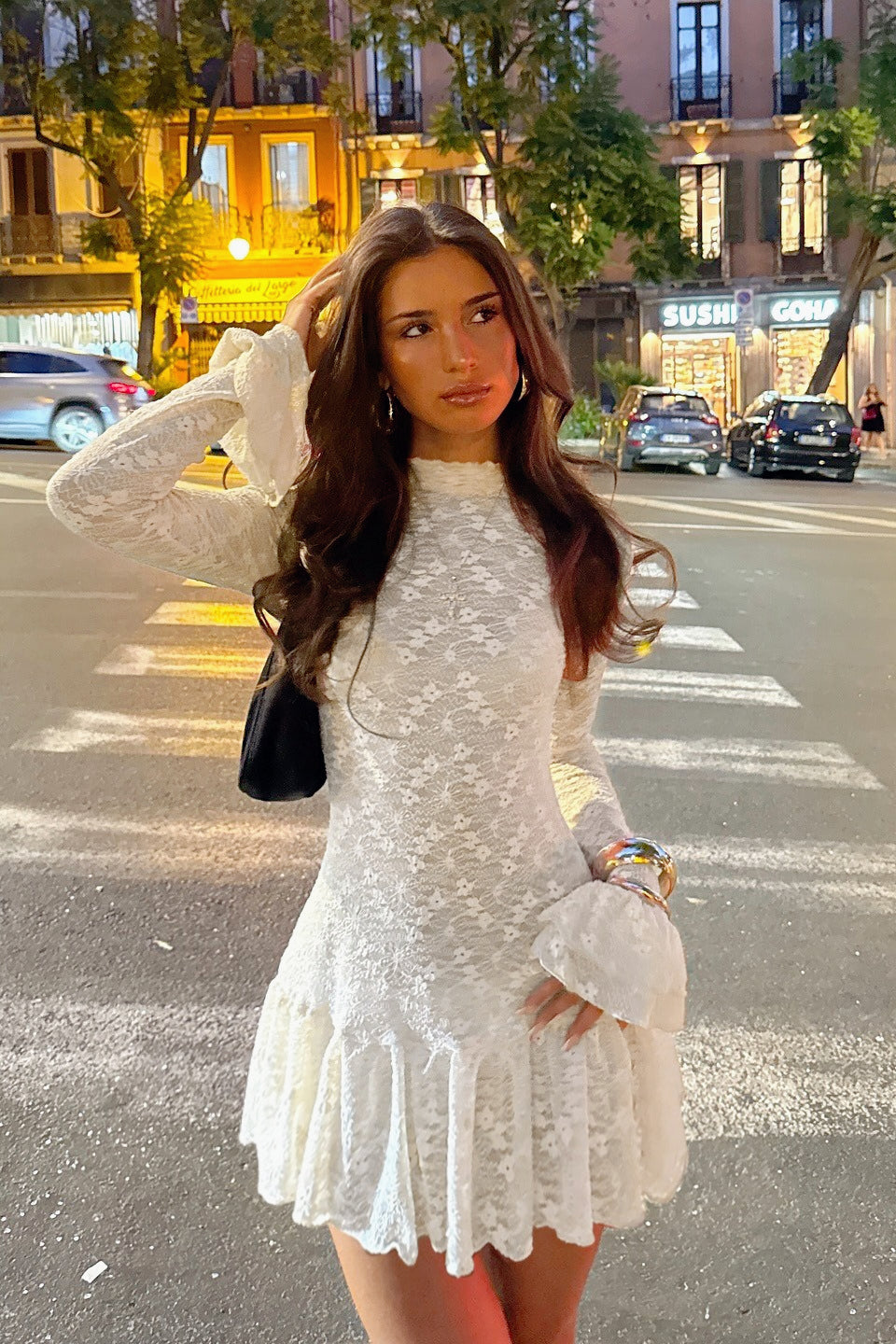 Lace High Neck Long Sleeve Ruffle Hem Mini Dress