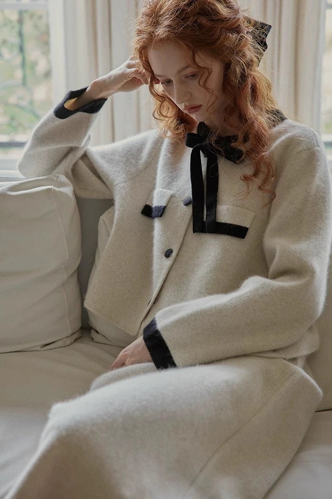 Bow Neck Contrast Trim Knit Cardigan and Skirt Two Piece Set