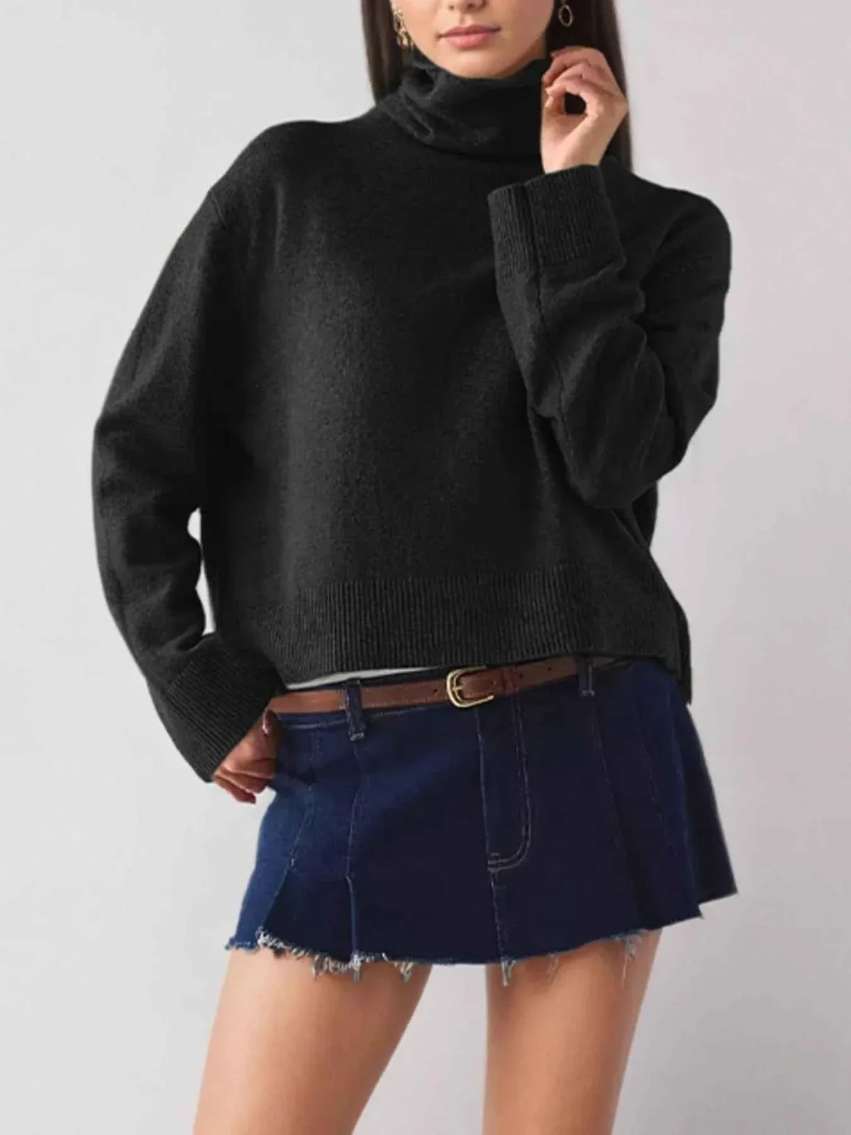 Turtleneck Drop Shoulder Long Sleeve Ribbed Hem Knit Sweater 6