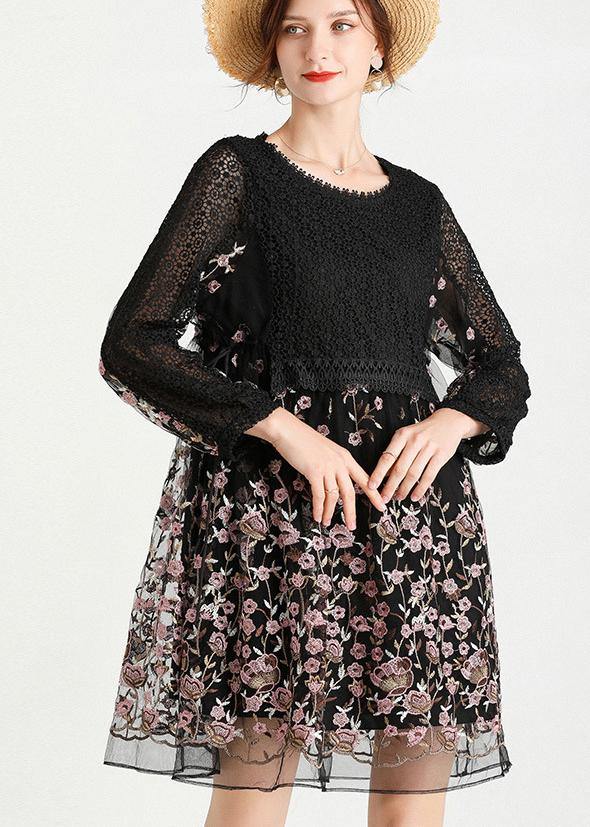 Lace Bodice Floral Embroidered Mesh Long Sleeve Empire Waist Babydoll Mini Dress
