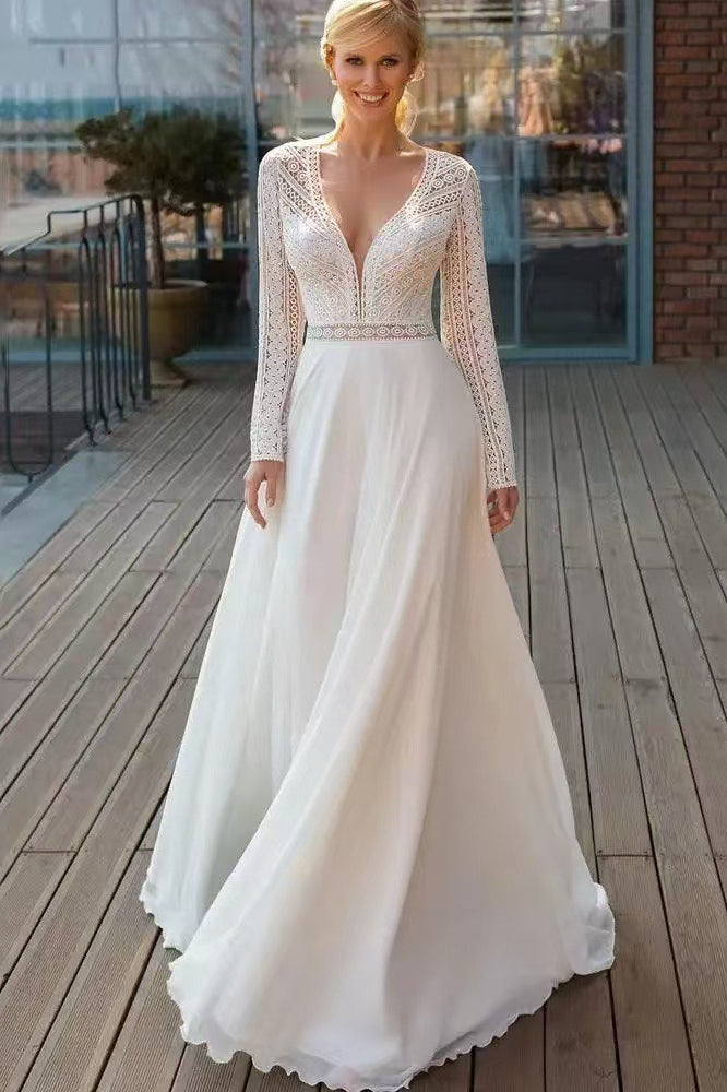 Long Sleeve Lace Train Wedding Dress
