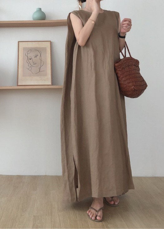 Round Neck Sleeveless Side Slit Oversized Linen Blend Maxi Dress
