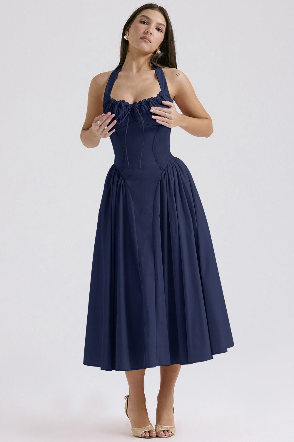 Halter Neck Ruched Corset Fit and Flare Midi Dress