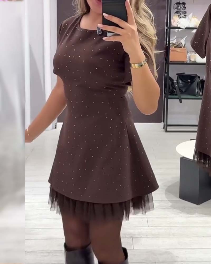 Rhinestone Tulle Hem Short Sleeve Fit and Flare Mini Dress