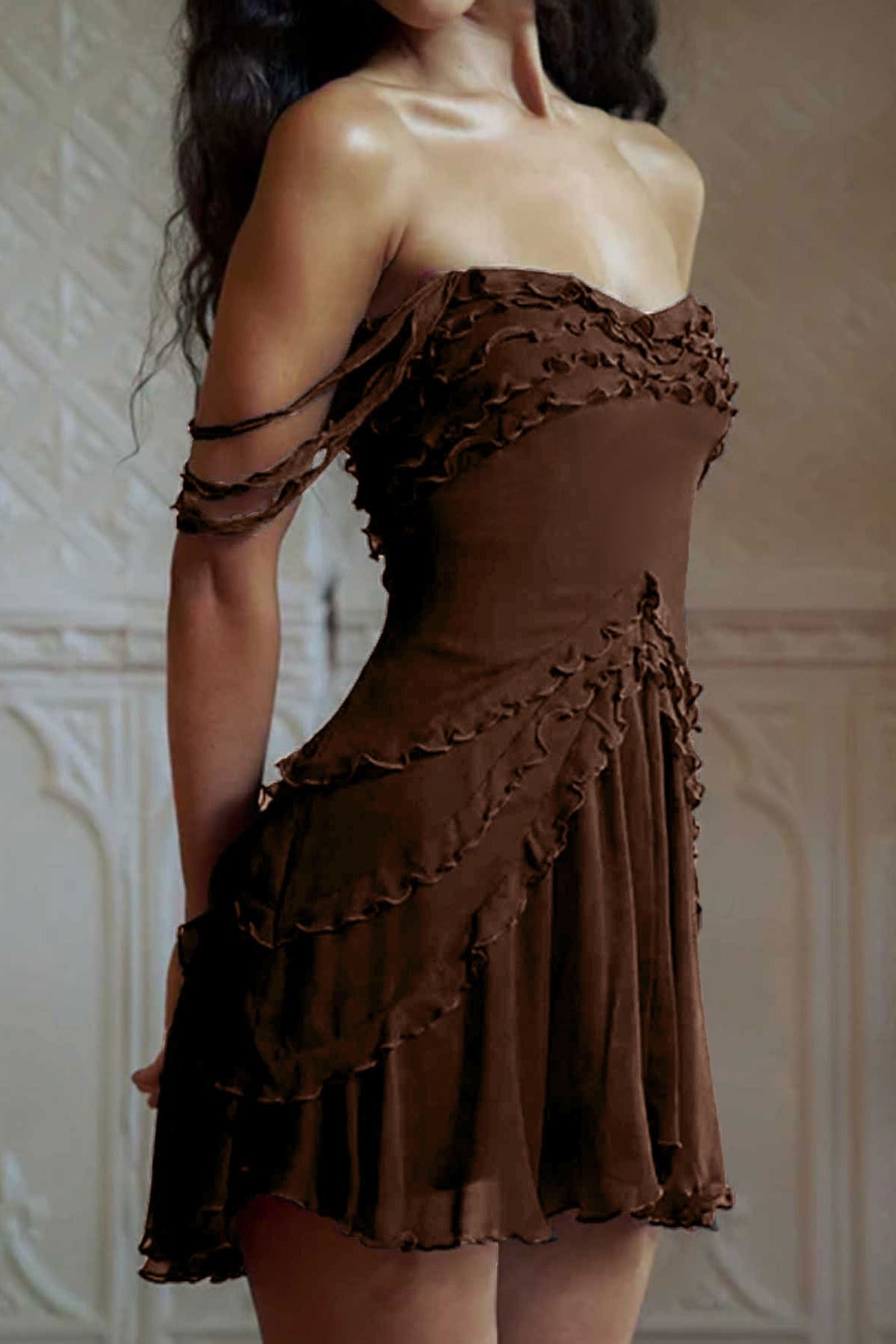 Sheer Mesh Off Shoulder Ruffle Ruched Bodycon Mini Dress