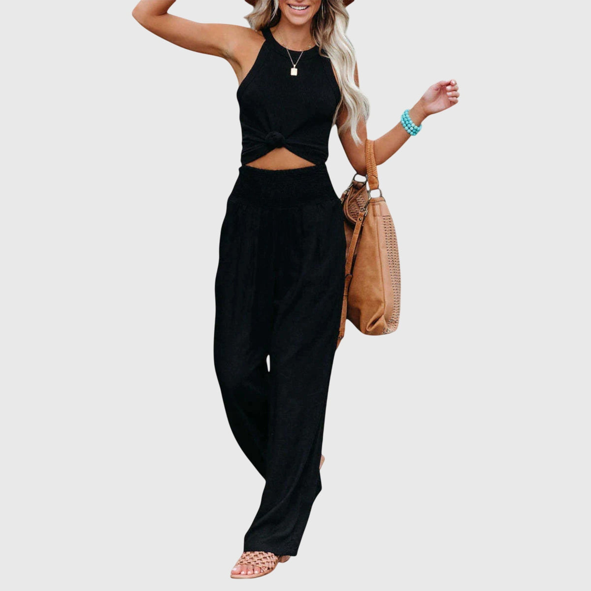 Halter Twist Front Top and Wide Leg Pants Two Piece Set