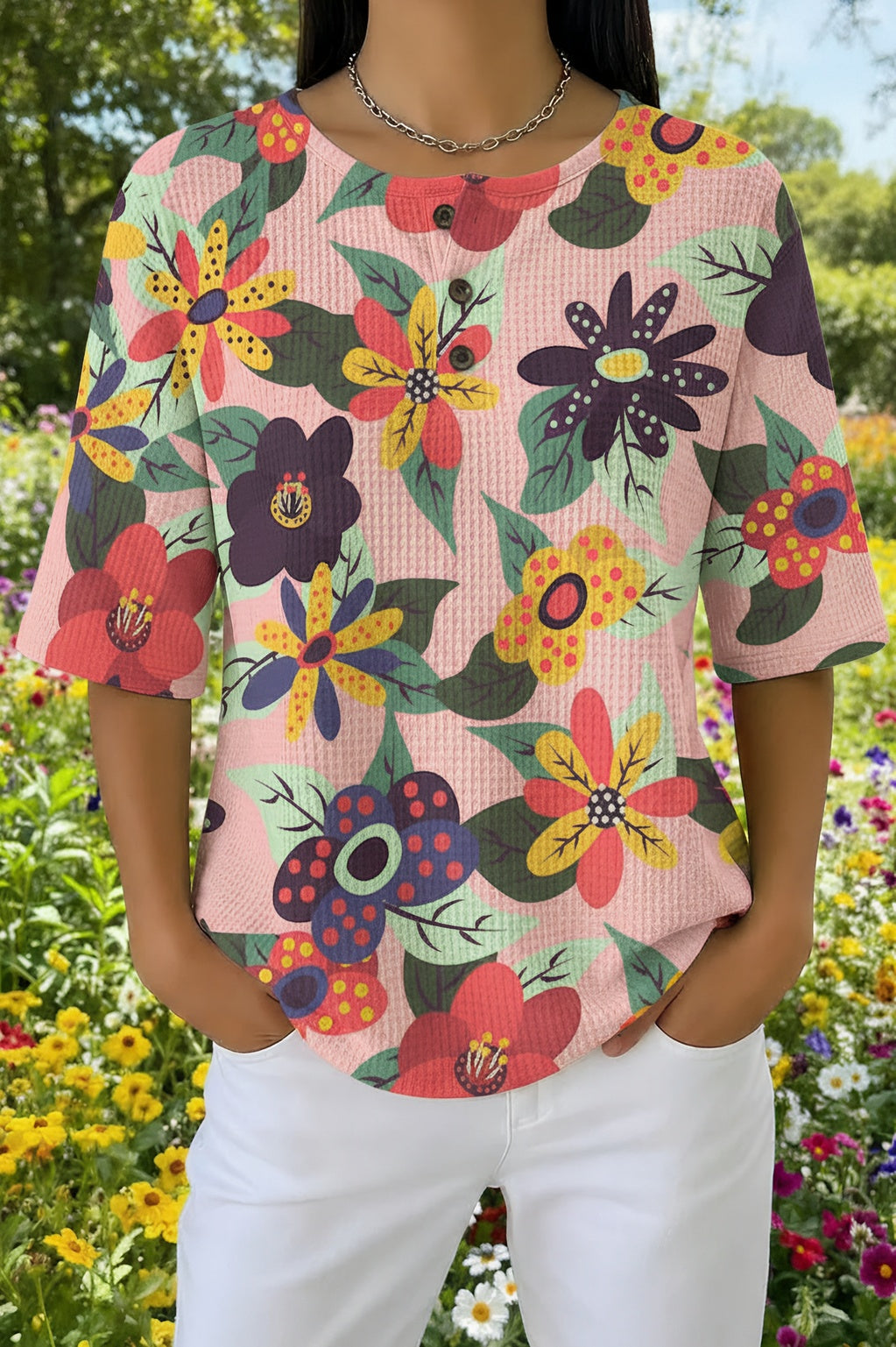 Womens Pink Abstract Floral Print Casual Shirt