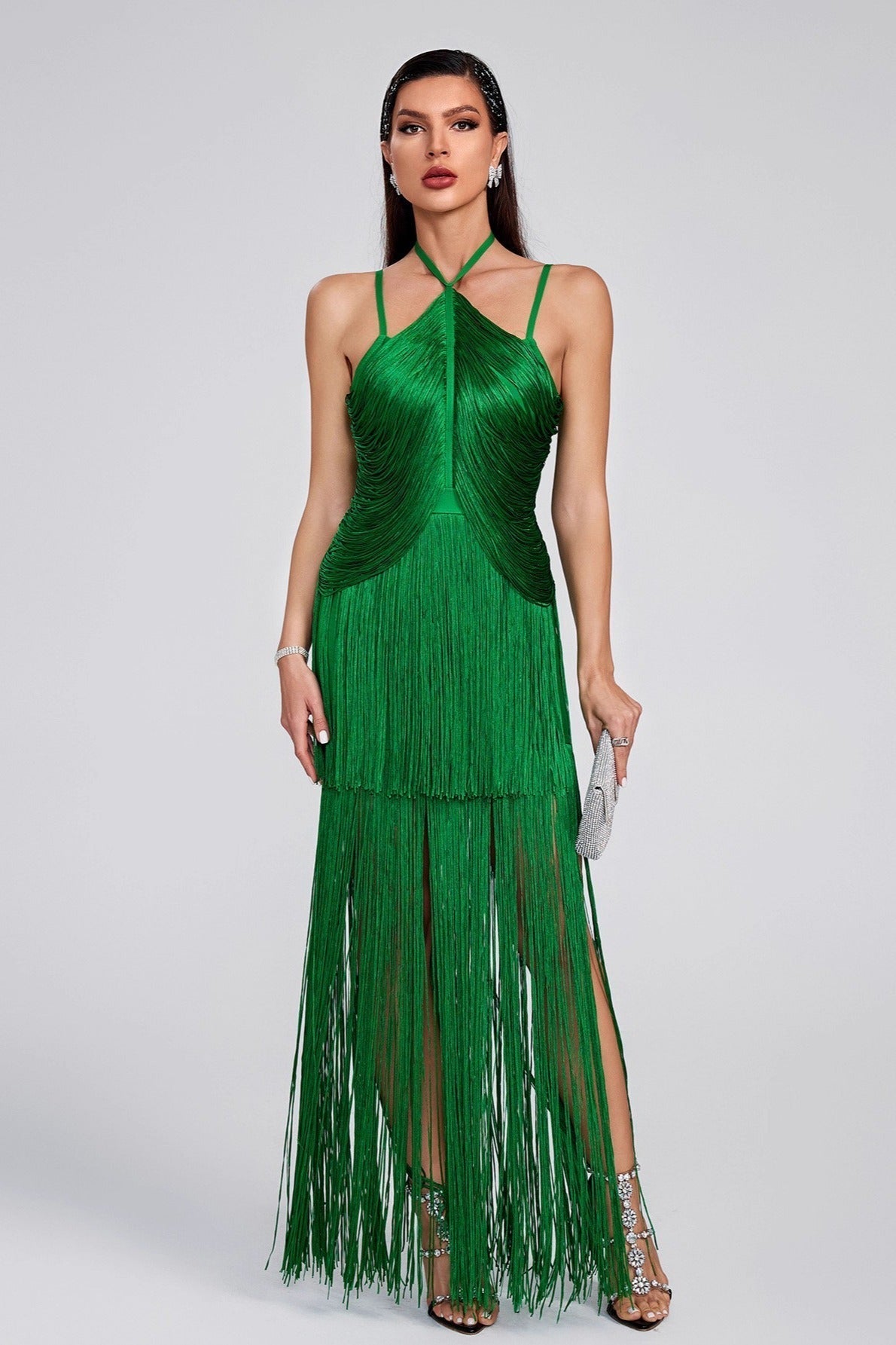 Halter Edition Sling Maxi Fringe Hem Cocktail Dress