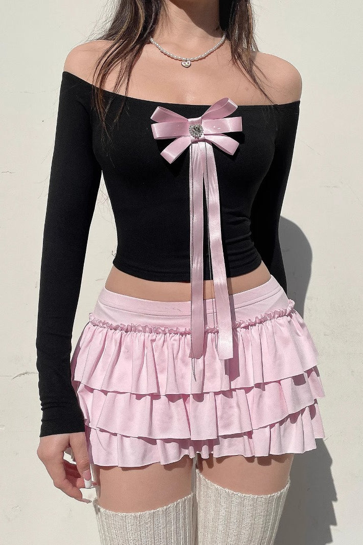 Pink Low Waist Bow Back Pleated Skirt