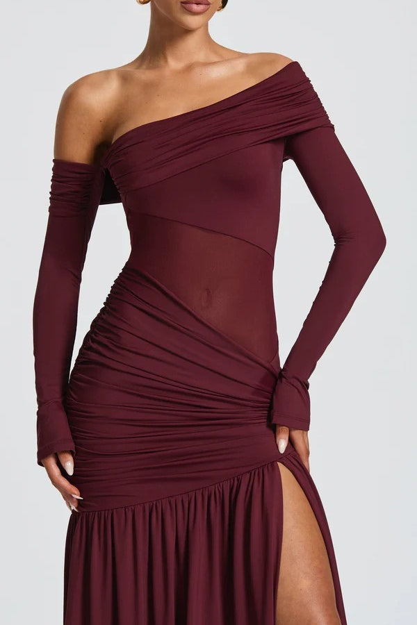 Off Shoulder Long Sleeve Ruched High Split Mermaid Gown