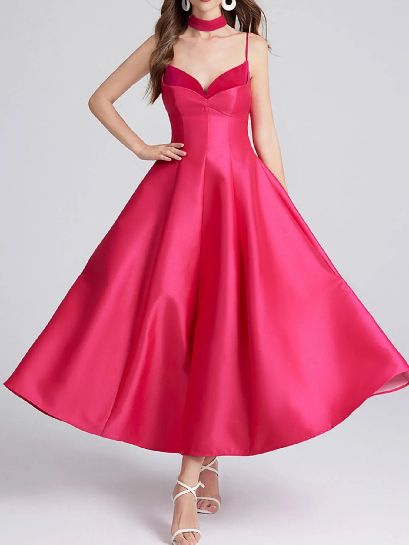 Sweetheart Spaghetti Strap Midi Dress with Collar – Elegant Summer Dress Rose Red