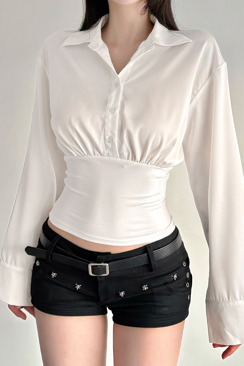 Collared Flare Sleeve Button Front Oversized Cropped Shirt 6