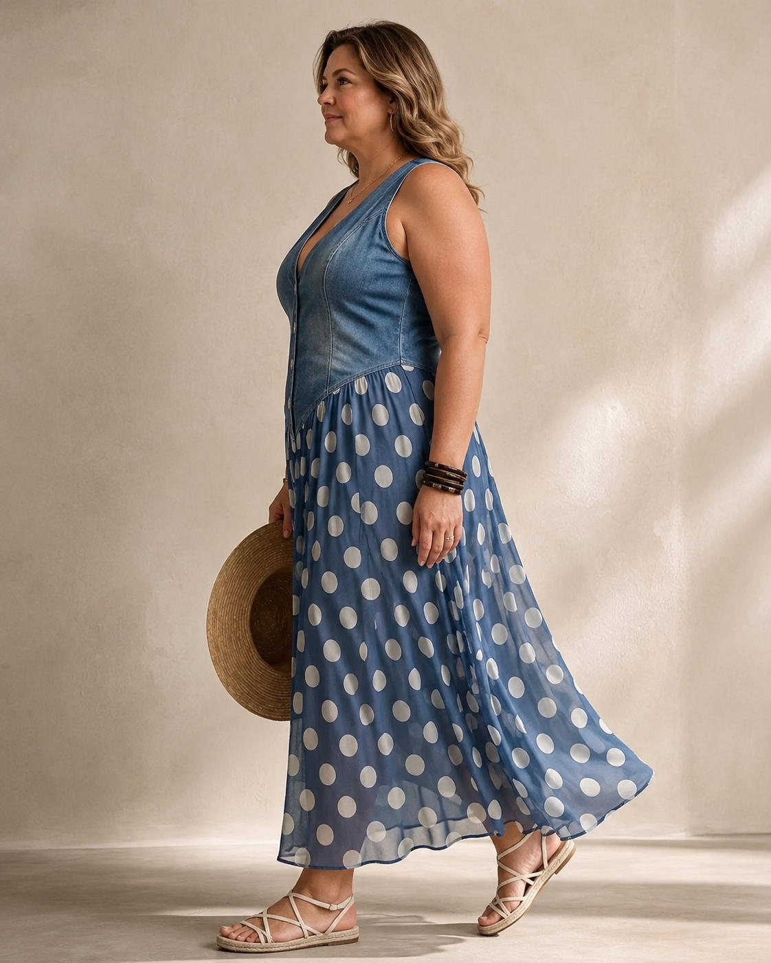 Denim Bodice V-Neck Sleeveless Polka Dot Maxi Dress