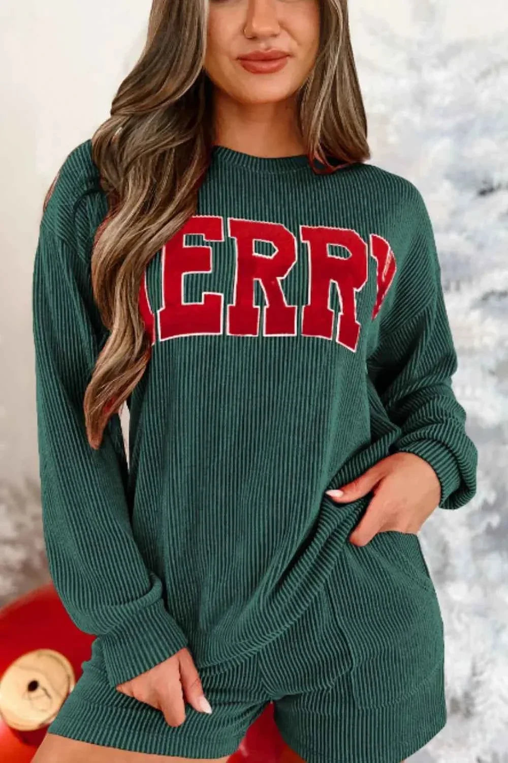 Merry Graphic Ribbed Long Sleeve Top and Drawstring Shorts Two Piece Set 10