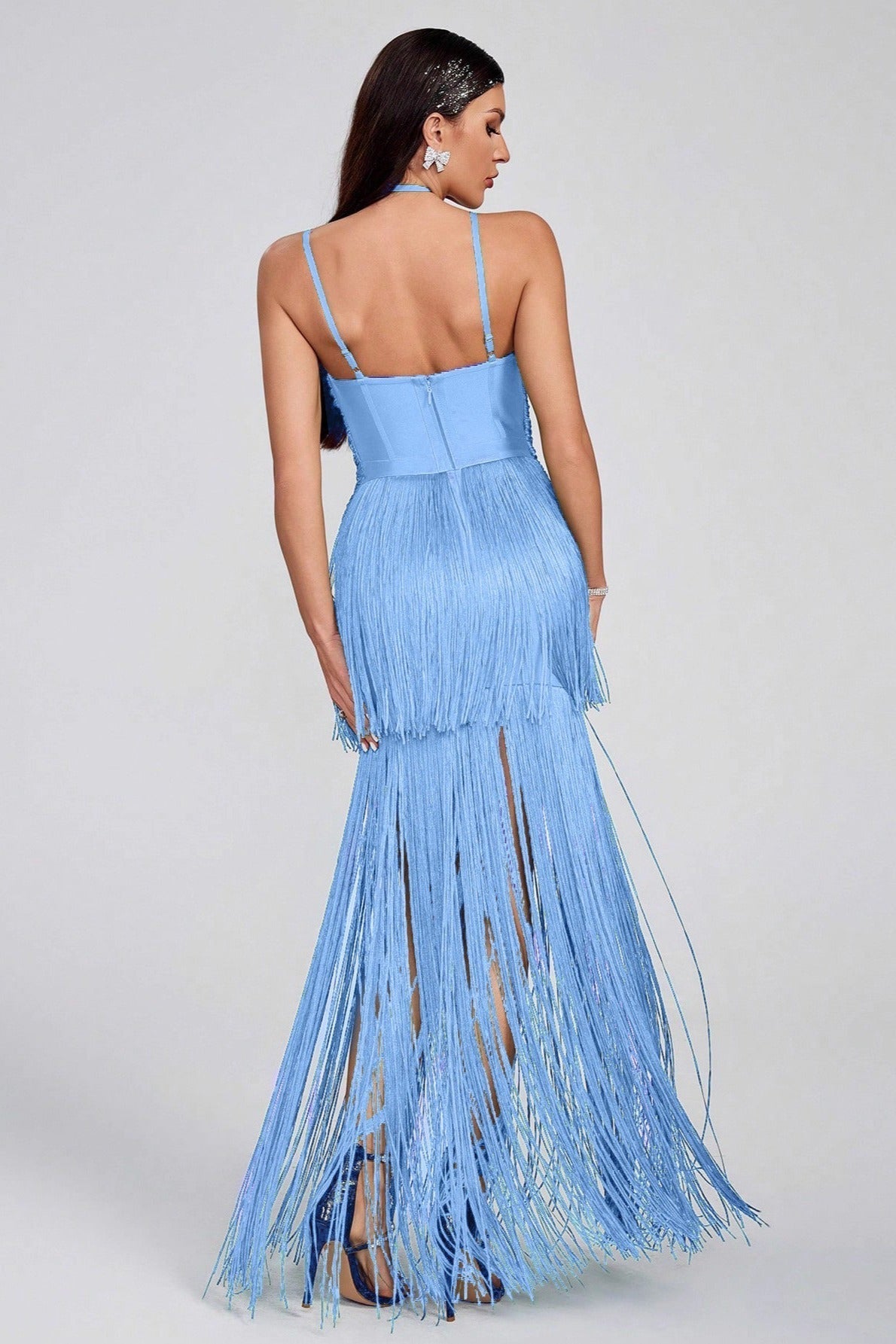 Halter Edition Sling Maxi Fringe Hem Cocktail Dress