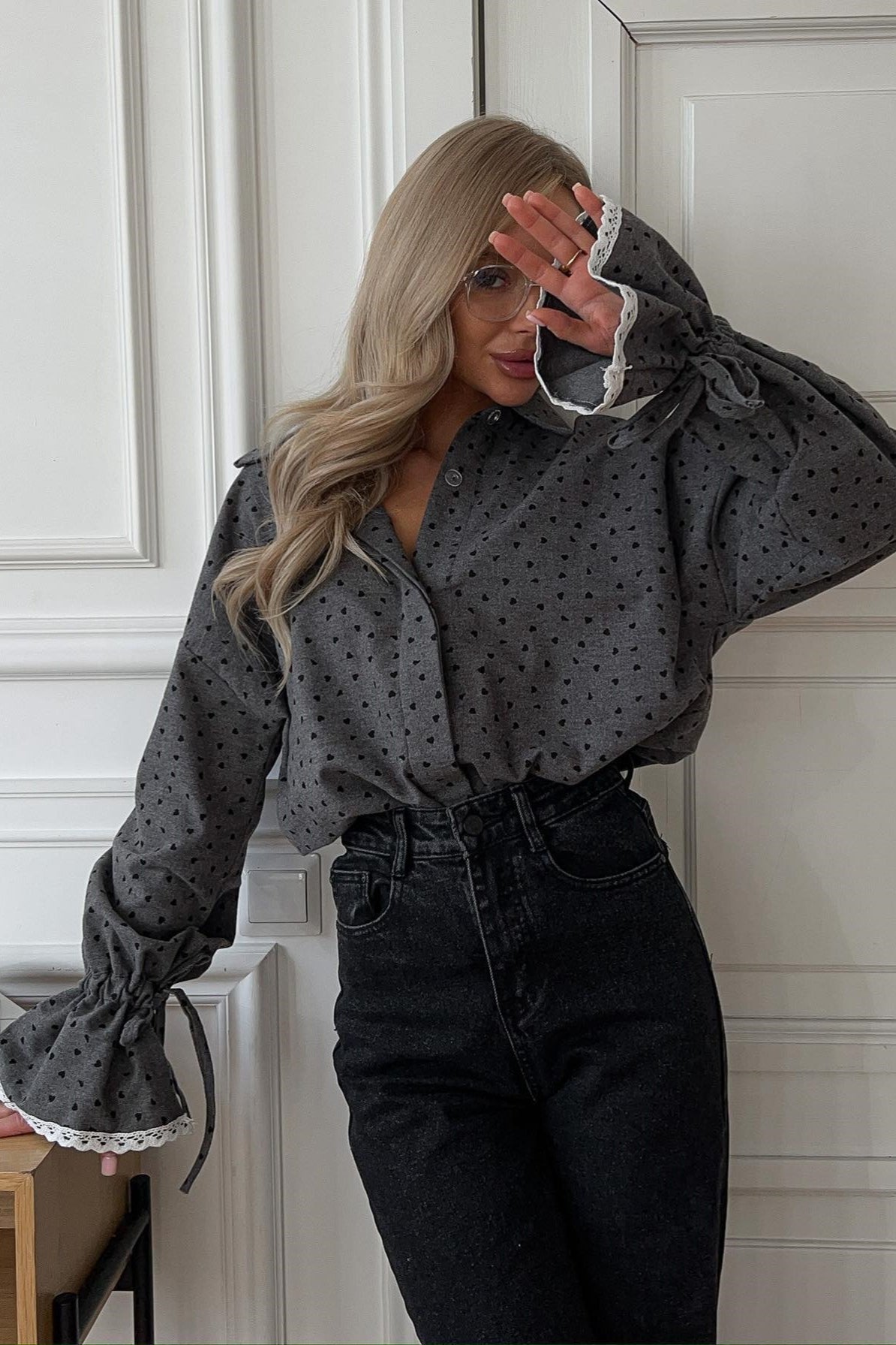 Lace Cuff Polka Dot Collar Blouse