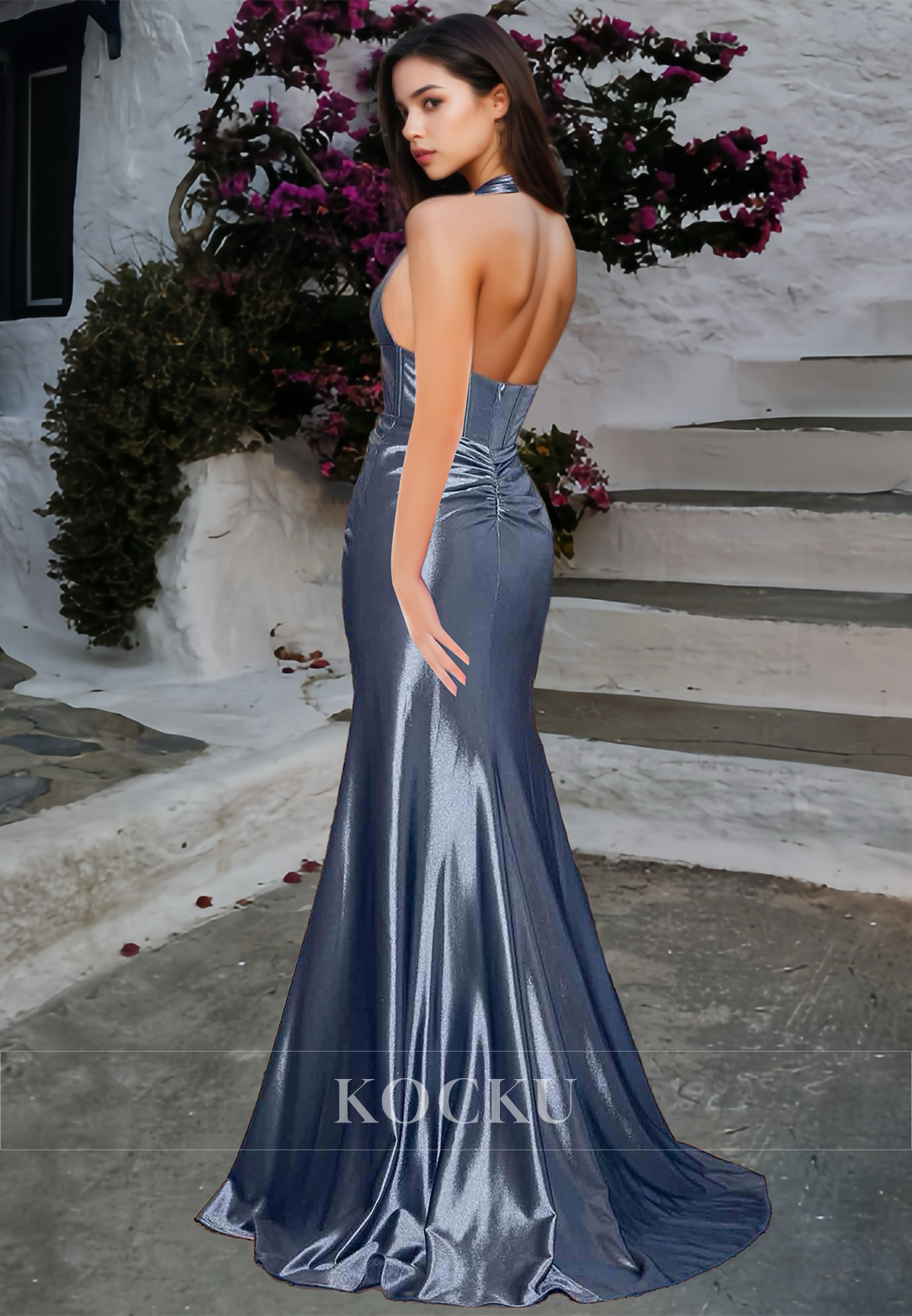 Halter V-Neck Sleeveless High Slit Sheath Pleats Satin Prom Formal Evening Dress with Train