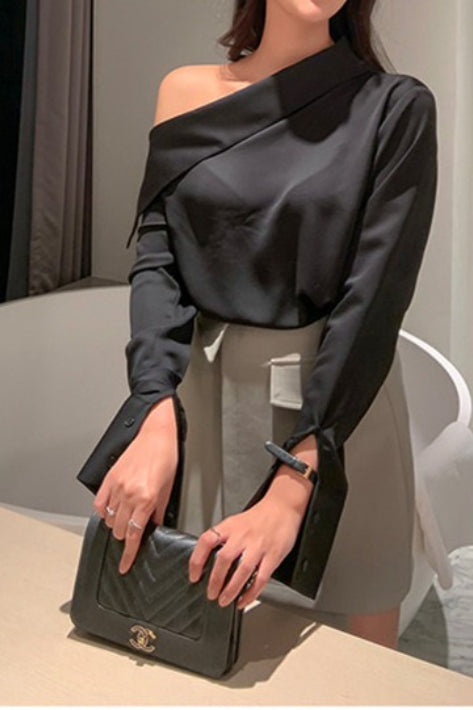 Off Shoulder Button Front Long Sleeve Top