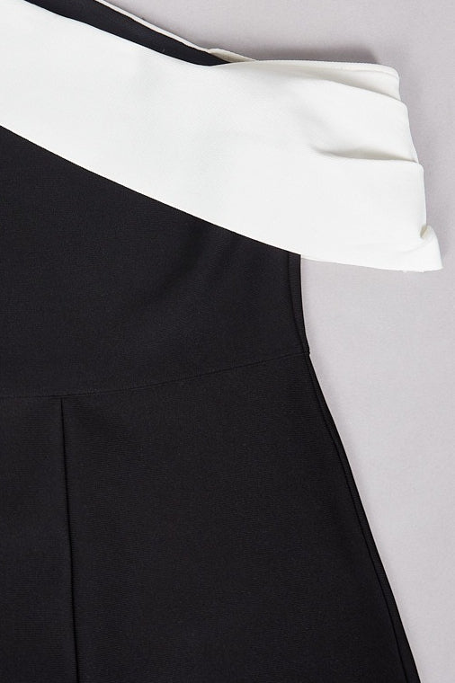 Bandage Off Shoulder Color Block Bow Detail Bodycon Midi Cocktail Dress
