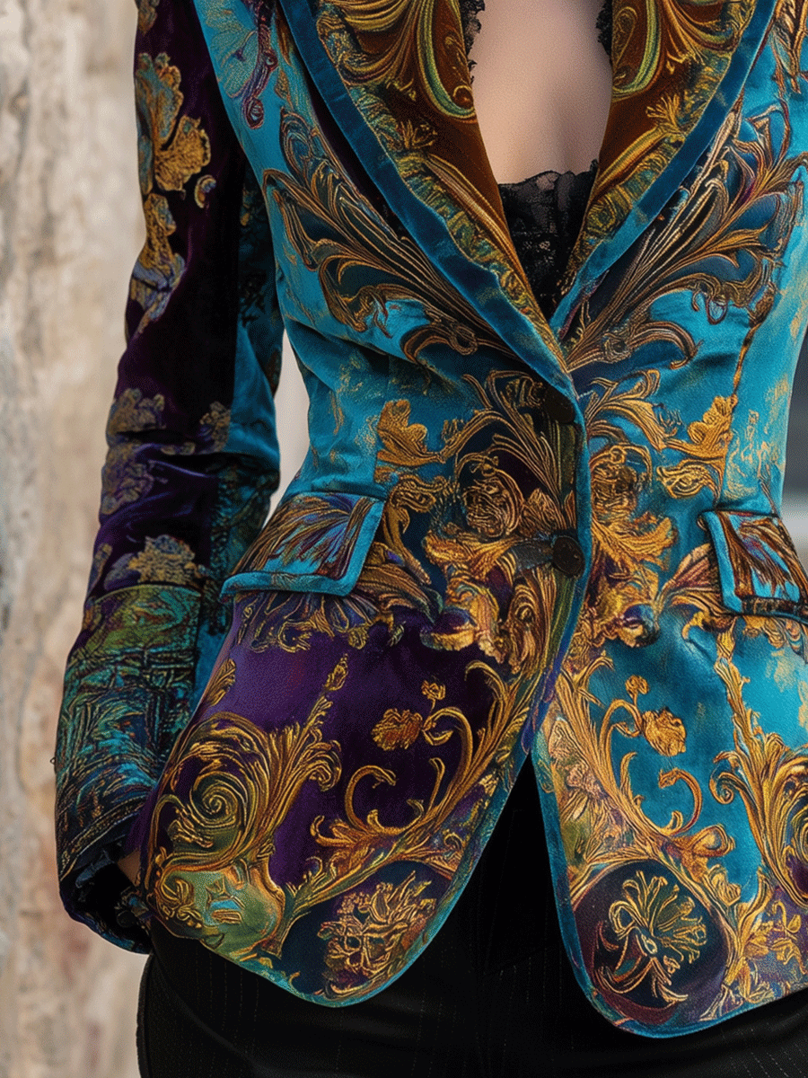 Baroque Print Velvet Single Button Blazer
