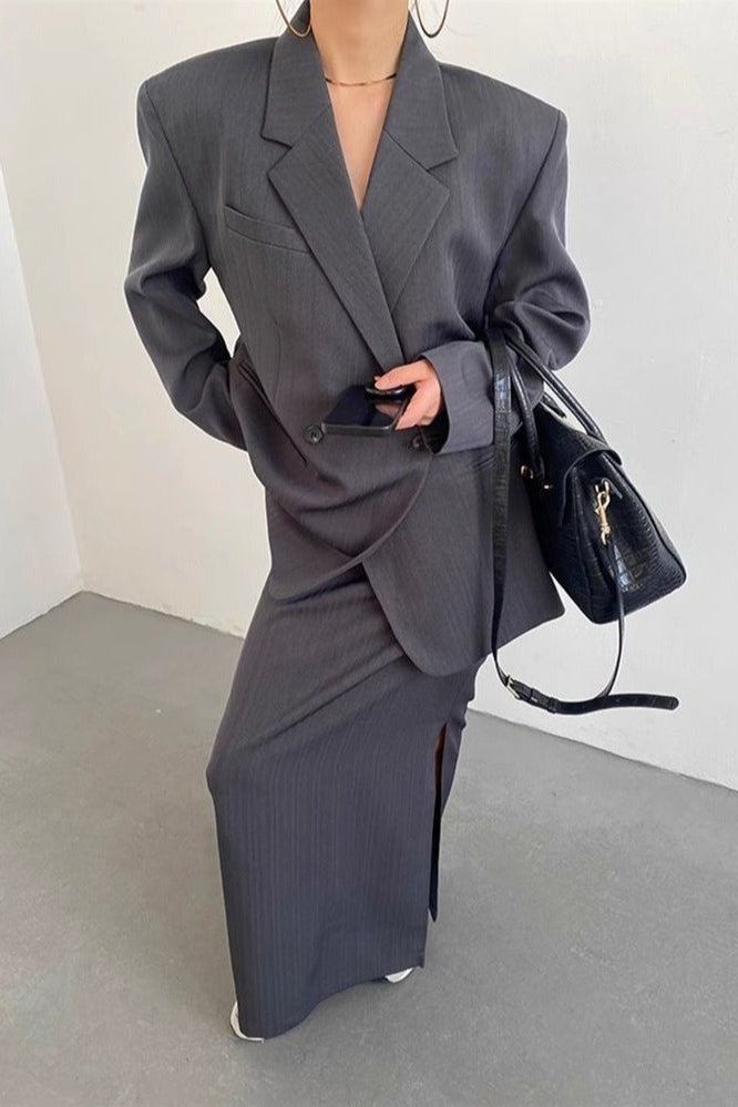 Pinstripe Oversized Blazer and Side Slit Maxi Skirt Two Piece Set