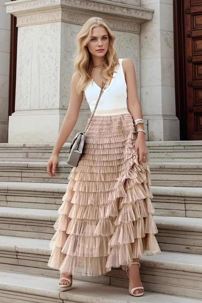 Tiered Sheer Mesh A-Line Maxi Skirt